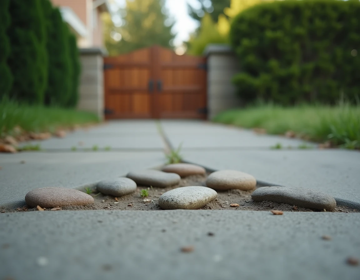Cailloux disposés en formation suspecte sur un trottoir devant une porte de jardin, potentiel signe de repérage de cambrioleurs