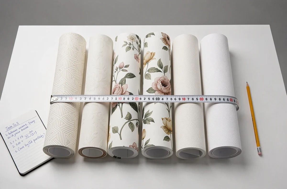 Vue aérienne de rouleaux de papier peint mesurés avec un mètre ruban et des calculs manuscrits