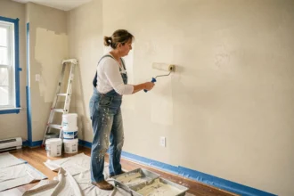 Femme appliquant de la peinture beige au rouleau sur un mur intérieur en cours de rénovation avec bac à peinture au sol