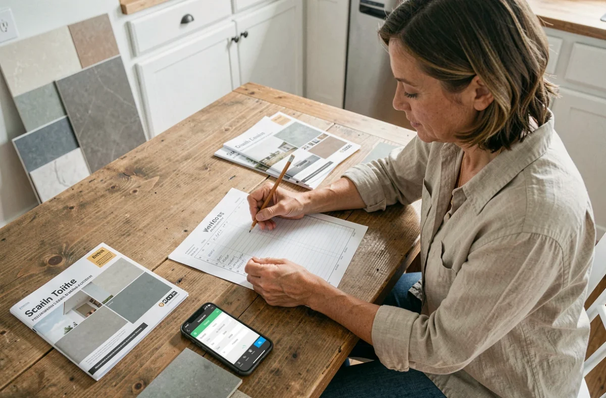 Femme calculant la superficie de carrelage sur papier millimétré avec des échantillons de carreaux sur une table