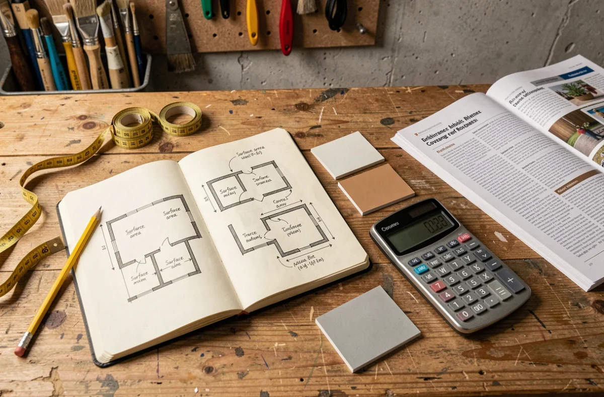 Vue de dessus d'un bureau d'atelier avec carnet de calcul de surface, mètre ruban et échantillons de peinture pour estimer la quantité au m2