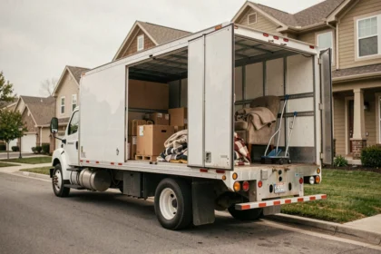 Camion de déménagement blanc garé devant une maison résidentielle avec les portes arrière ouvertes