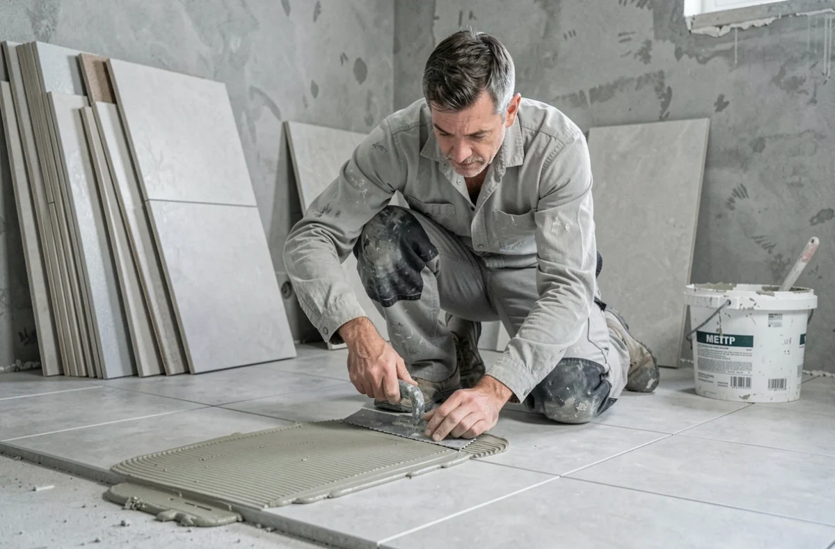Carreleur professionnel appliquant de la colle à carrelage sur un sol en béton avec une spatule crantée dans une salle de bain en rénovation