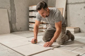 Carreleur mesurant des carreaux au sol dans une salle de bain en cours de rénovation avec un mètre ruban
