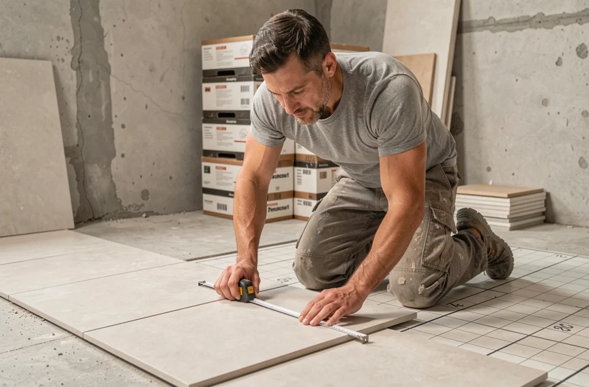 Carreleur mesurant des carreaux au sol dans une salle de bain en cours de rénovation avec un mètre ruban