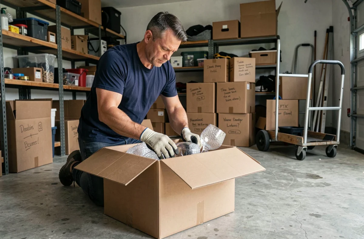Homme rangeant des verres emballés dans un carton de déménagement double paroi