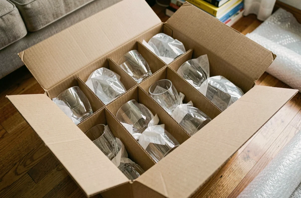 Carton de déménagement rempli de verres emballés avec des séparateurs en carton