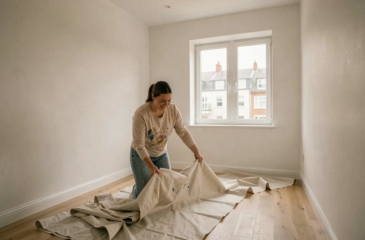 Chambre de 10m2 fraîchement peinte en blanc mat avec une femme qui retire les bâches de protection du sol
