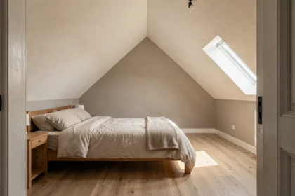 Chambre mansardée avec mur pignon peint en blanc chaud pour agrandir visuellement l'espace sous les combles