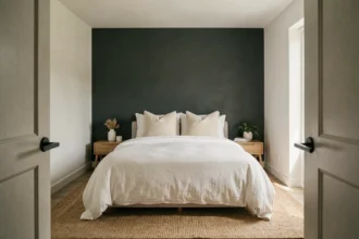 Chambre moderne avec mur du fond peint en gris anthracite foncé en contraste avec des murs blancs et une literie en lin blanc