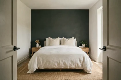 Chambre moderne avec mur du fond peint en gris anthracite foncé en contraste avec des murs blancs et une literie en lin blanc