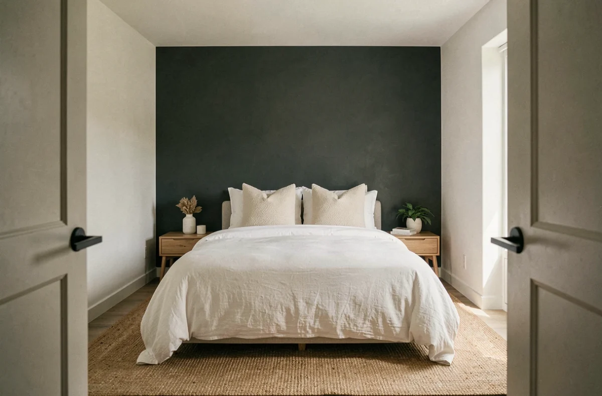 Chambre moderne avec mur du fond peint en gris anthracite foncé en contraste avec des murs blancs et une literie en lin blanc