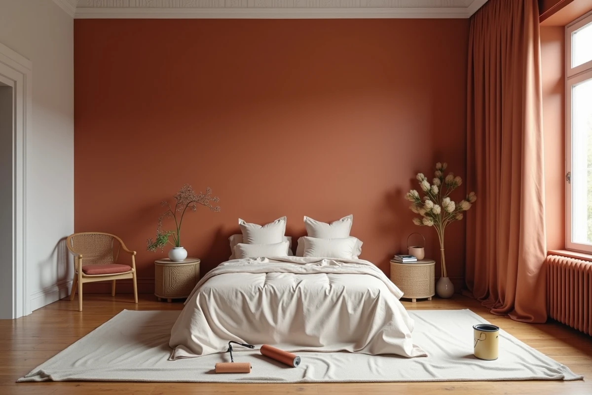 Chambre appartement urbain avec mur accent terracotta mat et rouleau de peinture posé au sol sur une bâche de protection