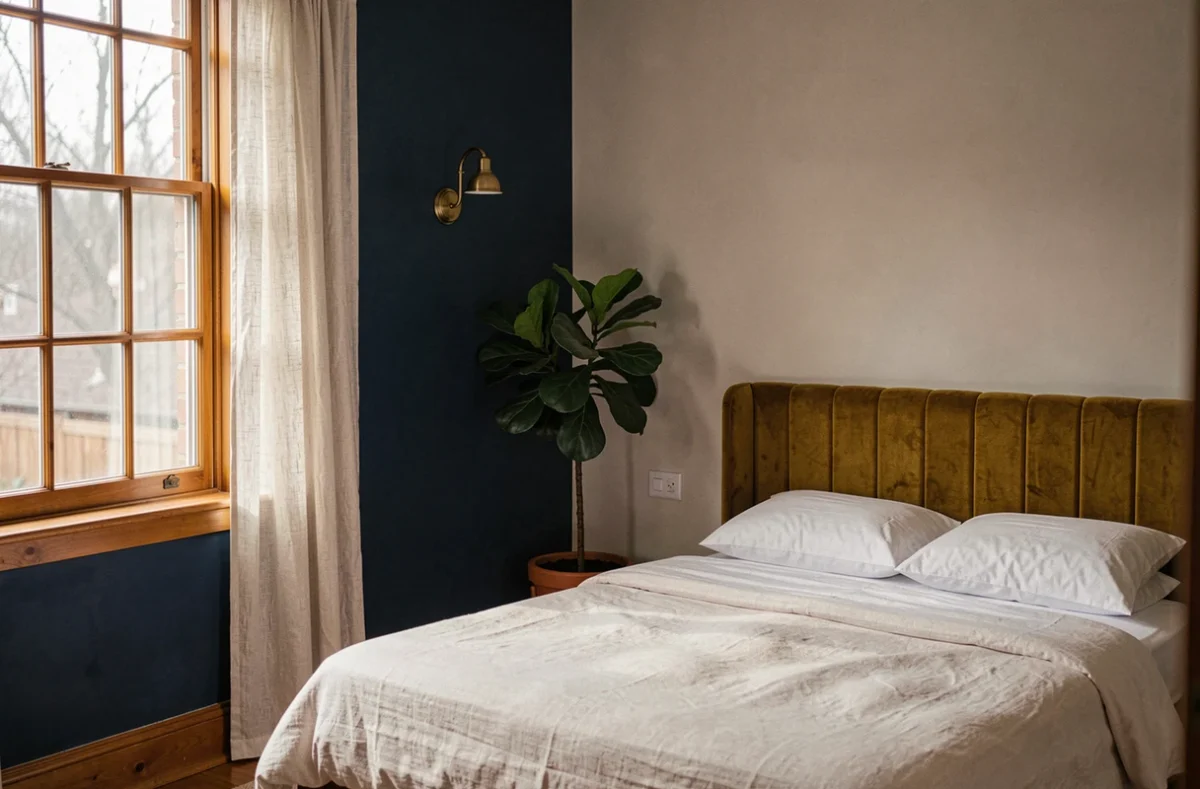 Chambre cosy avec mur latéral peint en bleu marine foncé, tête de lit en velours moutarde et applique murale en laiton