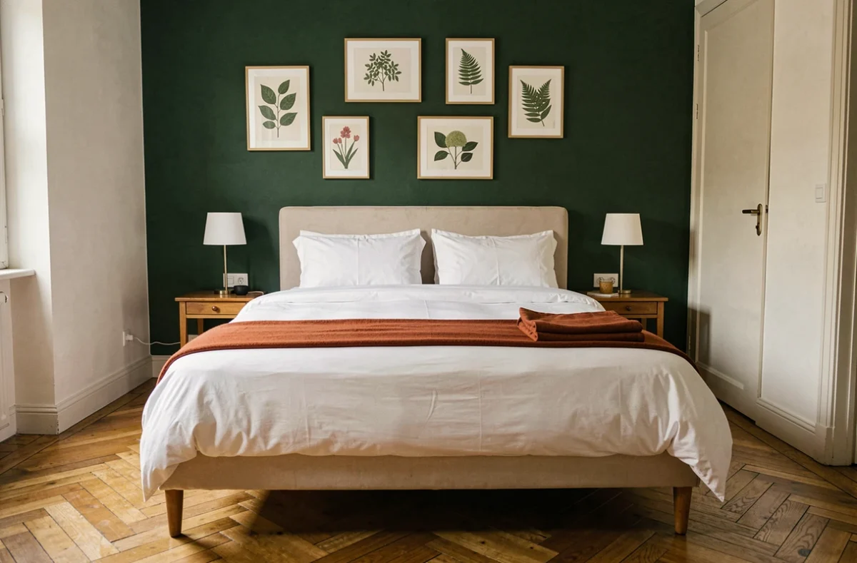 Chambre style parisien avec mur de tête de lit peint en vert forêt profond, literie blanche et parquet en chevrons chêne