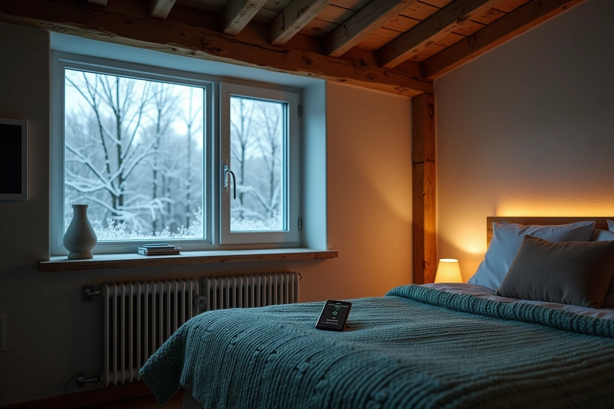 Chambre nocturne avec accumulateur électrique programmé sur les heures creuses et application de gestion énergétique sur smartphone