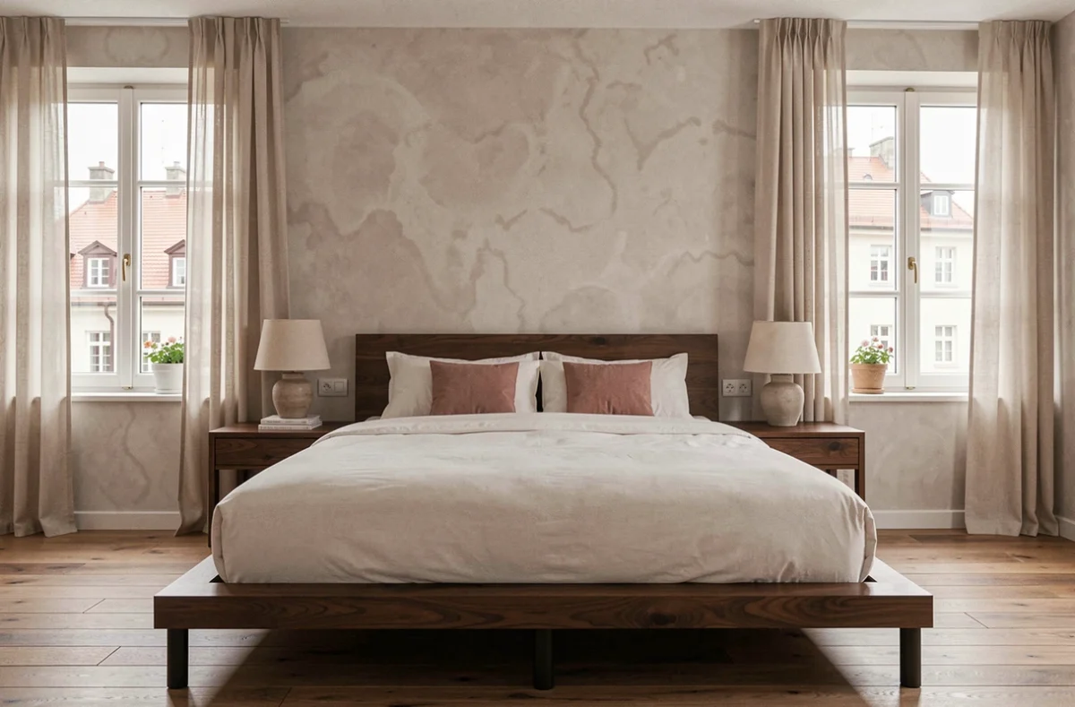 Chambre principale contemporaine et apaisante dans un appartement strasbourgeois avec mur en enduit chaux, literie en percale et fenêtres alsaciennes