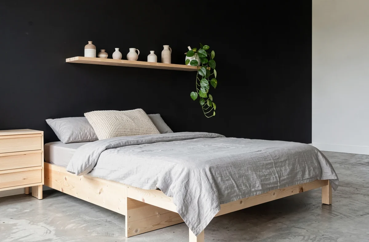 Chambre scandinave minimaliste avec mur du fond peint en noir mat, étagère flottante et plante verte en cascade