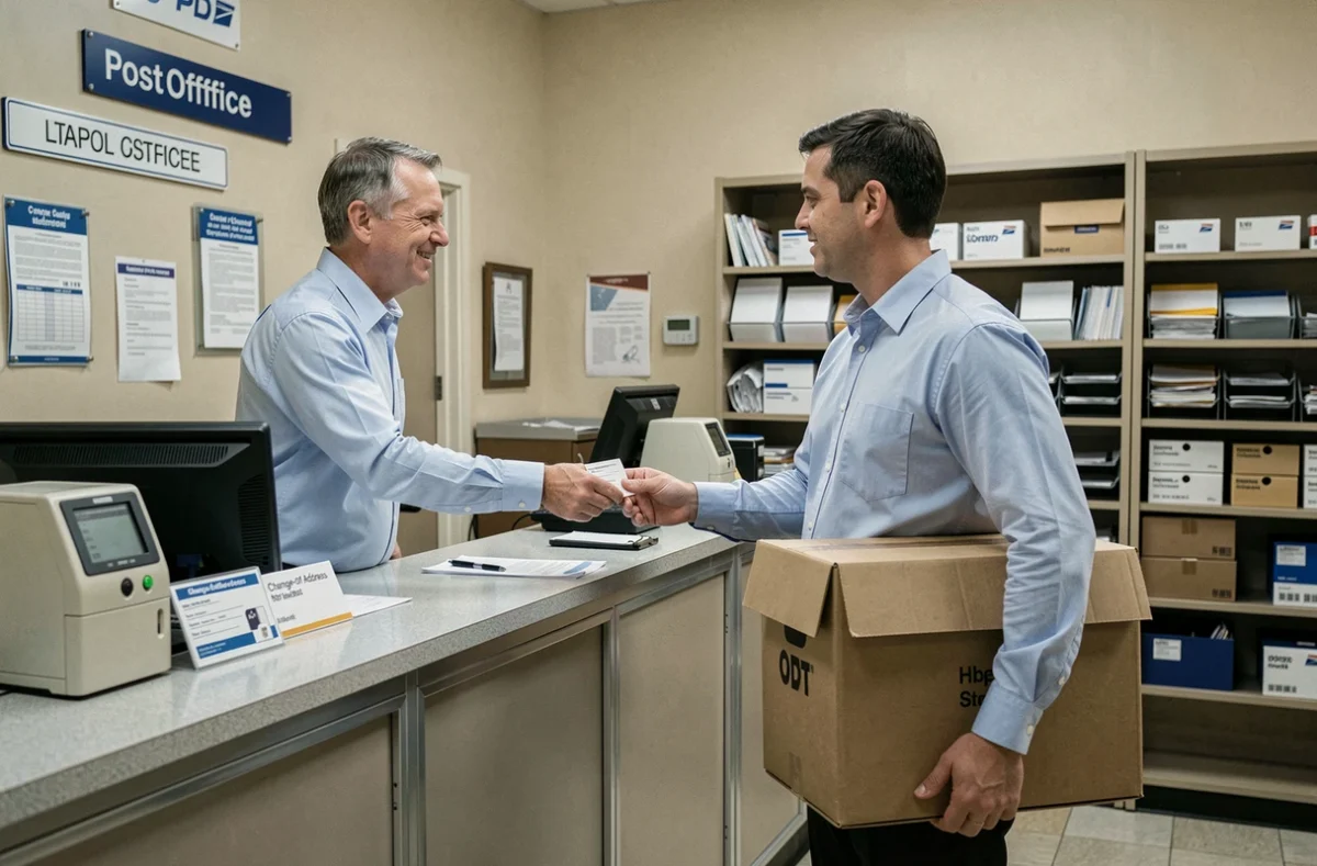 Homme déposant un formulaire de changement d'adresse dans un bureau de poste