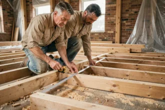 Charpentier mesurant l'entraxe entre les solives de plancher bois sur un chantier de rénovation