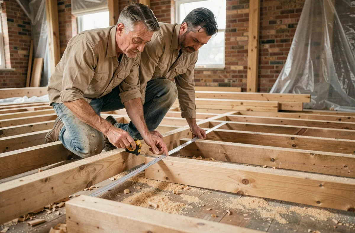 Charpentier mesurant l'entraxe entre les solives de plancher bois sur un chantier de rénovation