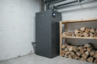 Chaudière à bois bûches moderne installée dans une chaufferie avec rangement de bûches