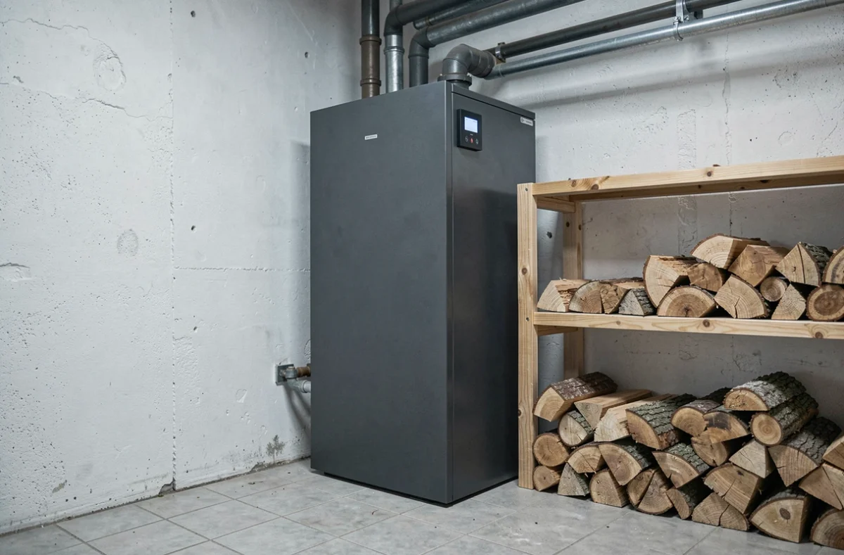 Chaudière à bois bûches moderne installée dans une chaufferie avec rangement de bûches