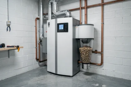 Chaudière à granulés de bois moderne installée dans une chaufferie avec tuyaux en cuivre et trémie remplie de pellets