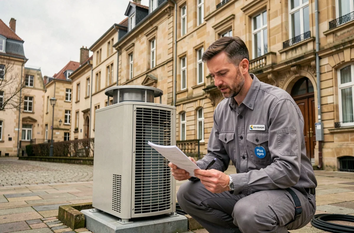 Technicien Chauffage et Climatisation Metz Plus que pro devant une installation de pompe à chaleur