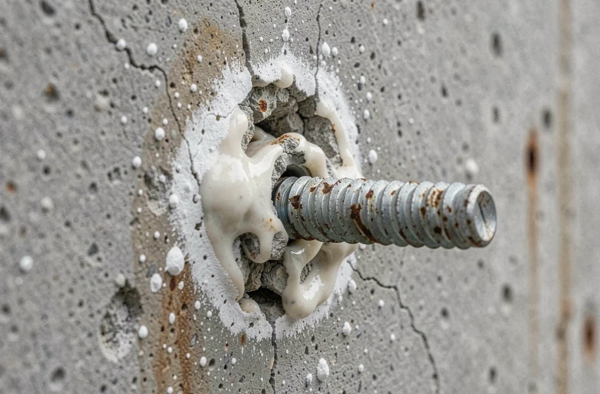 Cheville chimique mal fixée partiellement arrachée d'un mur en béton, résine fissurée et trou endommagé visibles en gros plan