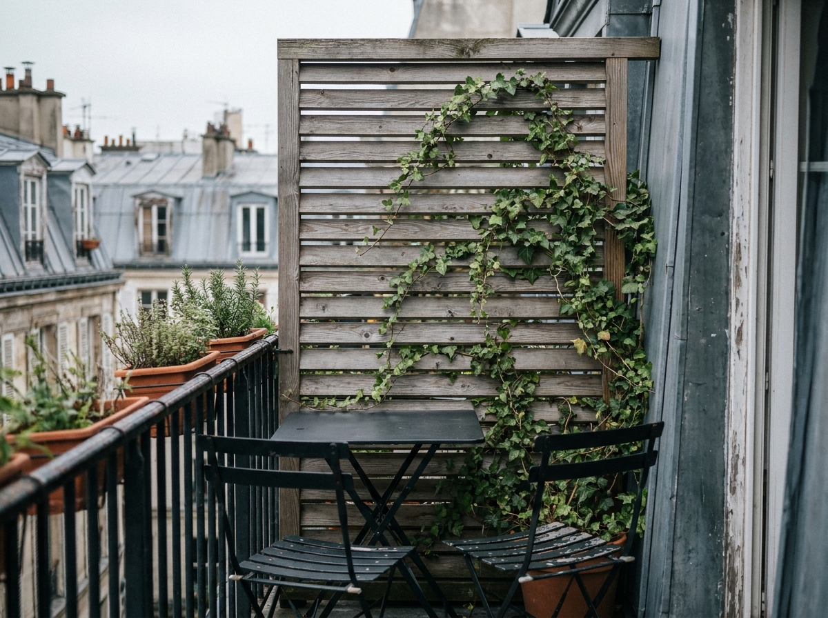 Claustra en bois grisé aménageant un coin repas intimiste sur un balcon urbain avec vue sur toits parisiens