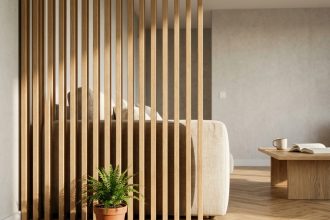 Claustra en bois chêne naturel séparant un coin salon intimiste dans un intérieur scandinave avec parquet en chevrons