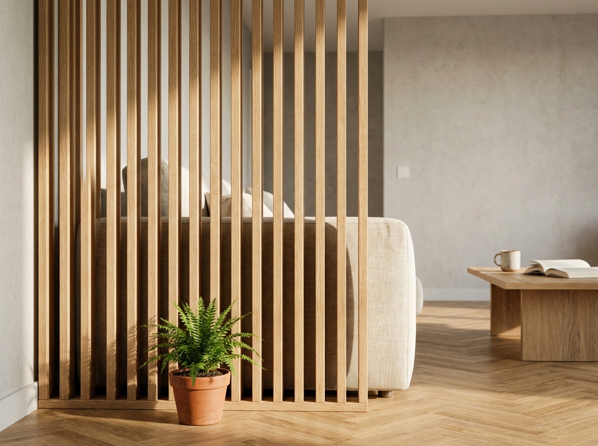 Claustra en bois chêne naturel séparant un coin salon intimiste dans un intérieur scandinave avec parquet en chevrons