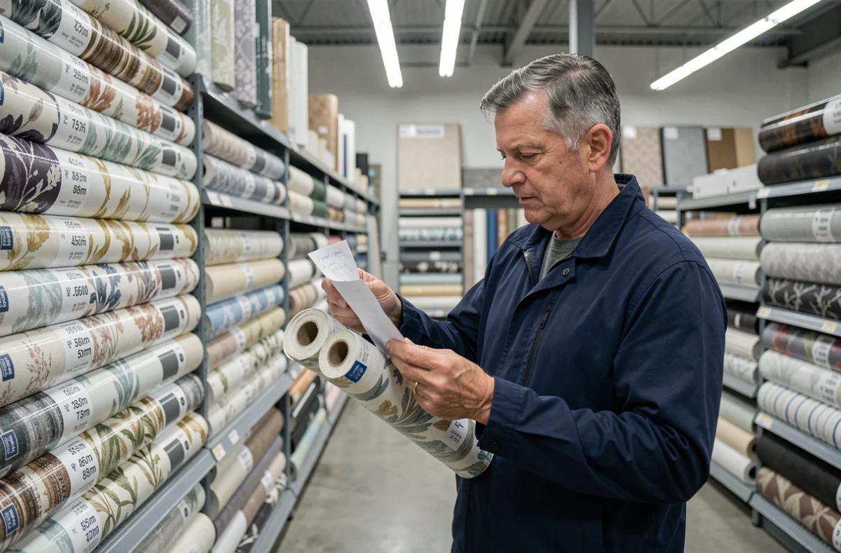 Client en magasin comparant des rouleaux de papier peint et consultant ses calculs de surface
