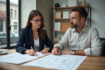 Une cliente examine attentivement un devis d'architecte intérieur avant de le signer dans un studio de design moderne