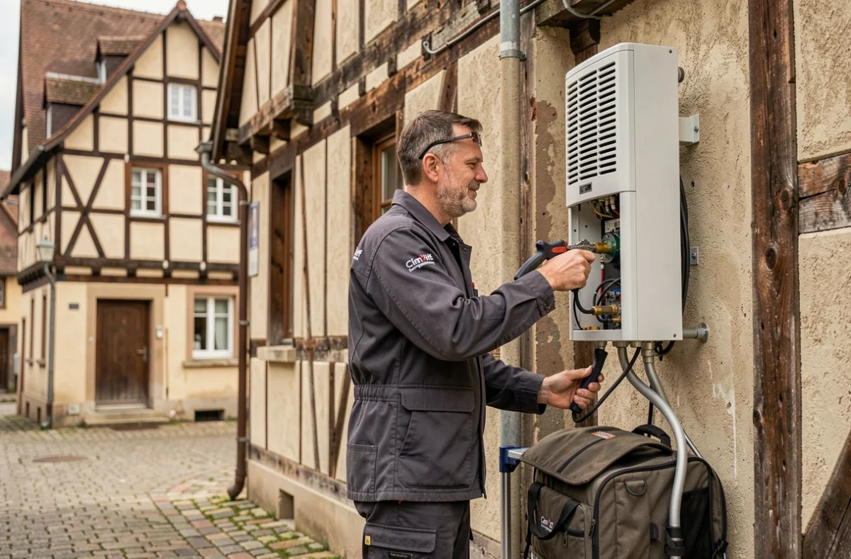 Technicien Clim'Diff Sarreguemines installant une pompe à chaleur sur une maison à colombages en Moselle