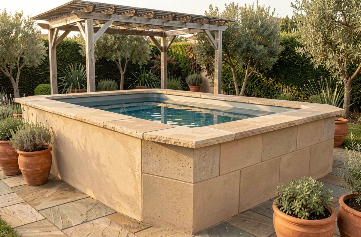 Coffrage en pierre reconstituée et parpaing enduit autour d'une piscine hors sol dans un jardin méditerranéen