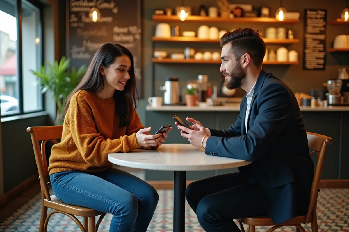 Deux collègues discutant de plateformes de création de contenu et de blogs dans un café urbain avec leurs smartphones