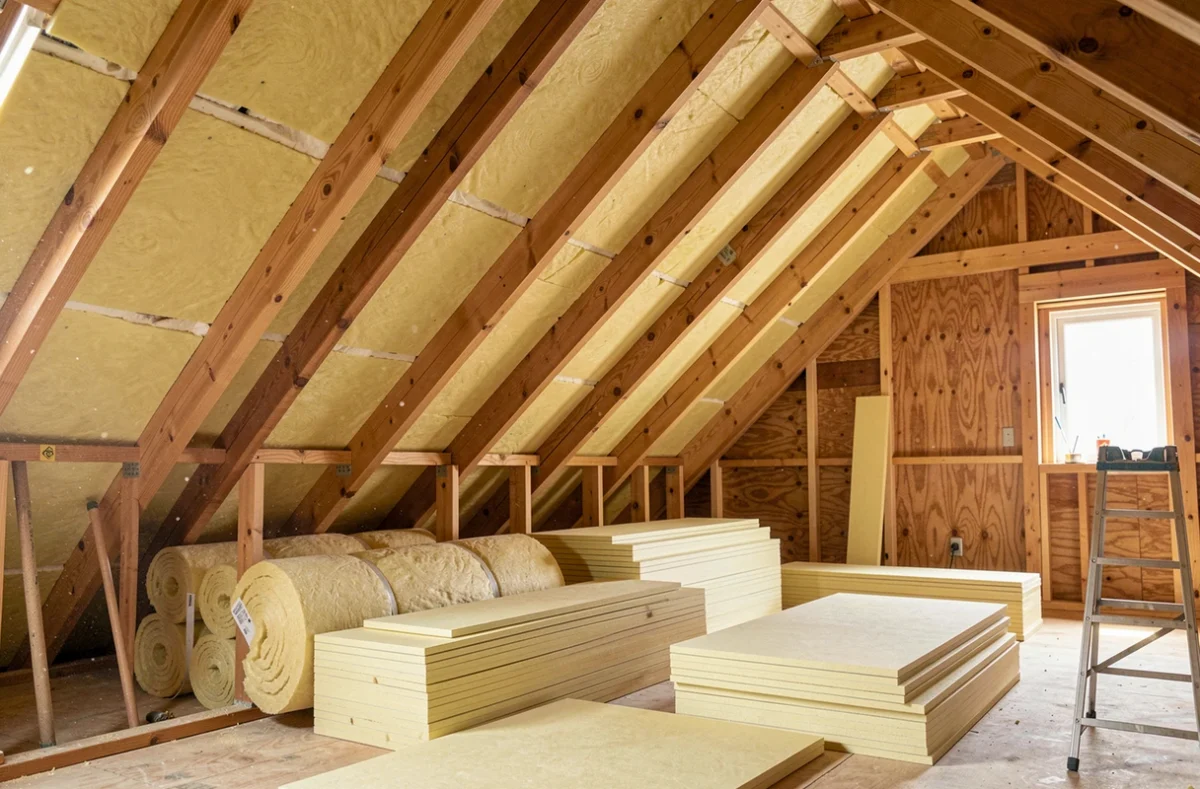 Intérieur de combles en cours de rénovation avec matériaux isolants prêts pour une isolation de toiture par l'extérieur