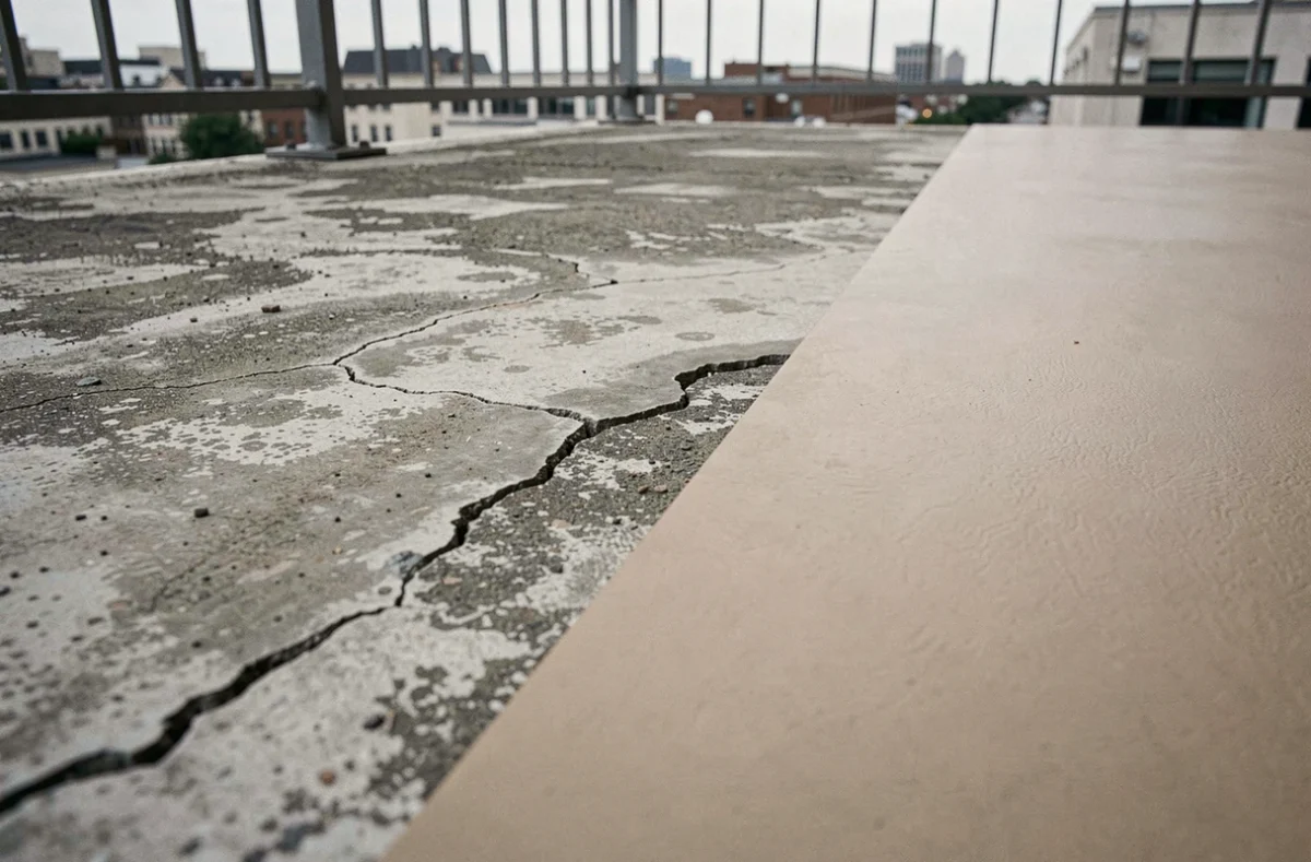 Comparaison entre béton extérieur brut et béton peint avec peinture polyuréthane beige sur balcon urbain