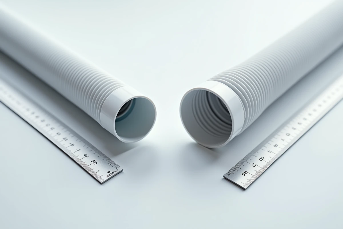 Comparaison côte à côte d'un conduit Clinside et d'un conduit Zehnder ComfoTube sur une table d'atelier blanche avec règle de mesure