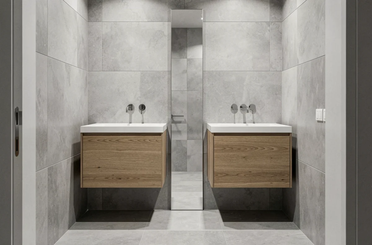 Deux meubles de salle de bain suspendus à hauteurs différentes de 80 et 90 cm, comparaison visuelle pour choisir la bonne hauteur de vasque