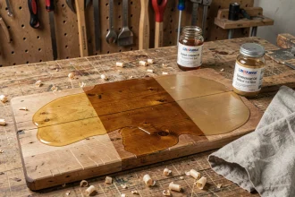 Comparaison visuelle entre huile de lin crue, cuite et mélange du commerce appliqués sur bois en atelier