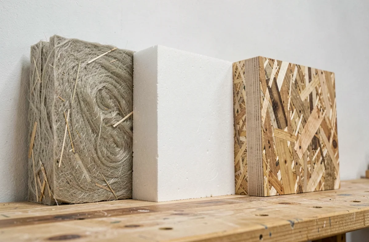 Comparaison de matériaux d'isolation intérieure : laine de verre, polystyrène et fibre de bois disposés côte à côte