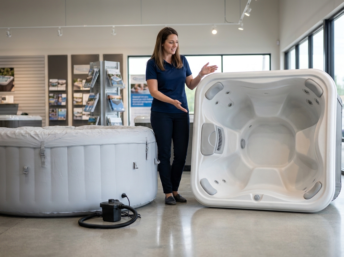 Comparaison côte à côte d'un spa gonflable et d'un spa rigide en showroom avec une vendeuse présentant les deux modèles