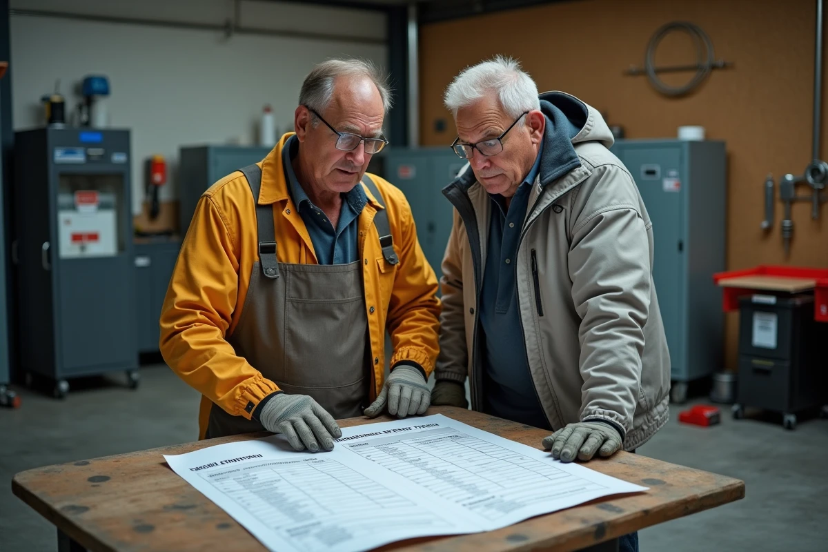 Deux professionnels discutant d'un devis de sablage au m2 sur une table d'atelier, analyse comparative des tarifs et des prestations proposées