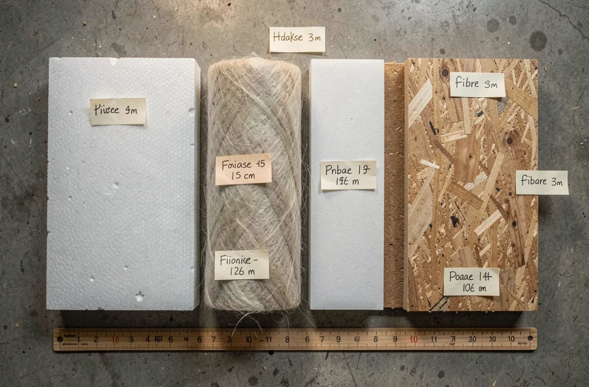 Vue à plat de différents matériaux d'isolation thermique pour mur intérieur comparant polystyrène, laine de verre, polyuréthane et fibre de bois