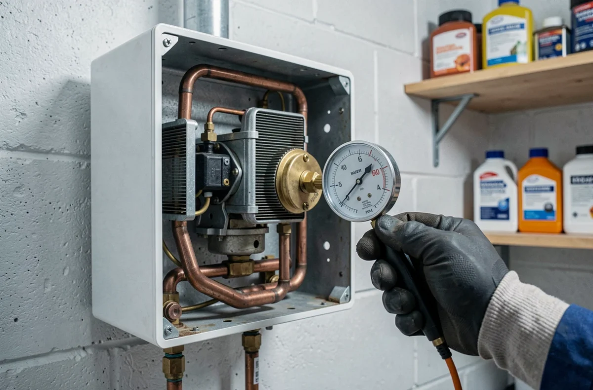 Gros plan sur les composants internes d'une chaudière gaz murale ouverte avec manomètre de diagnostic