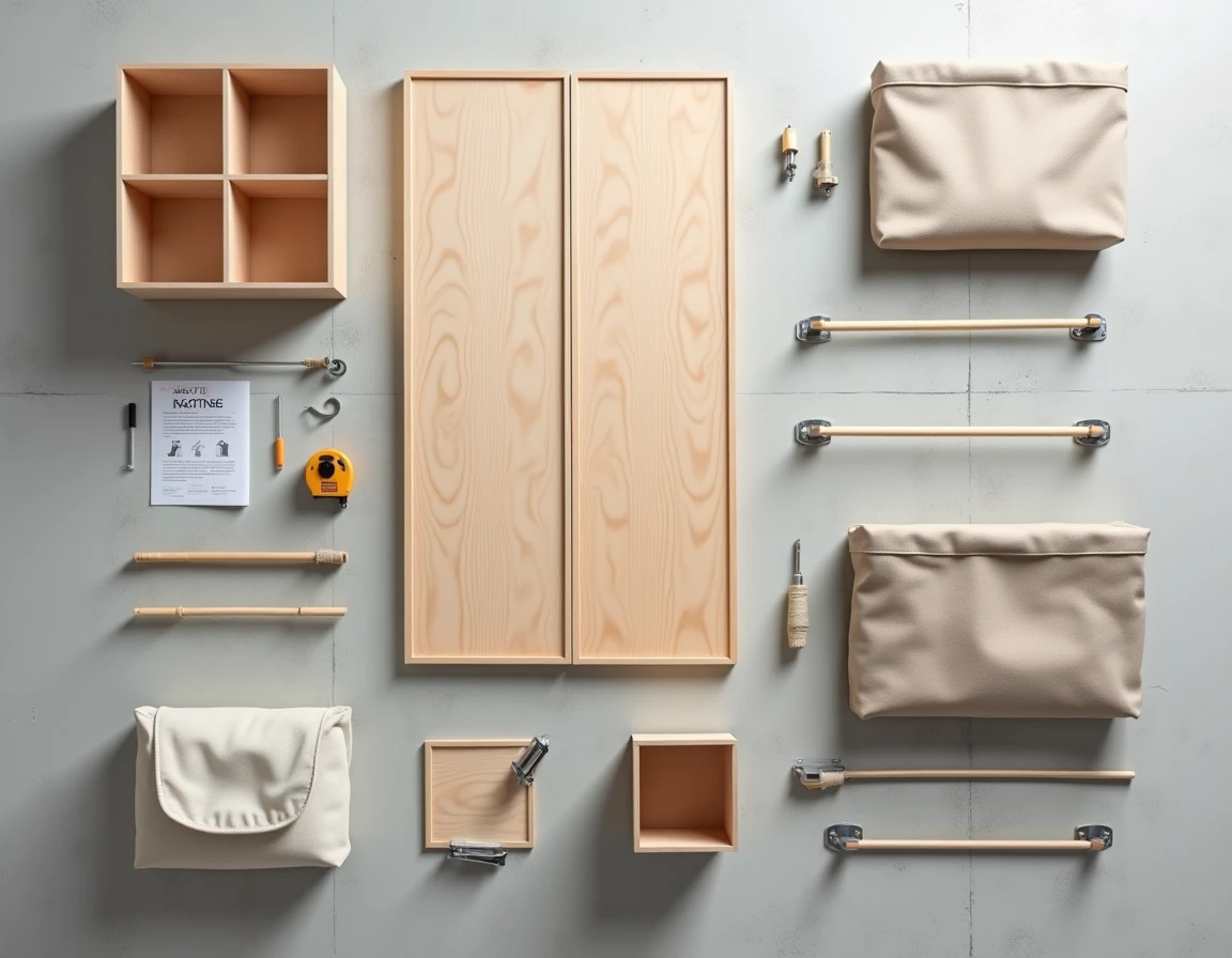 Vue à plat des composants d'un kit dressing modulable pour enfant en bois avec étagères, tringles et bacs de rangement en tissu
