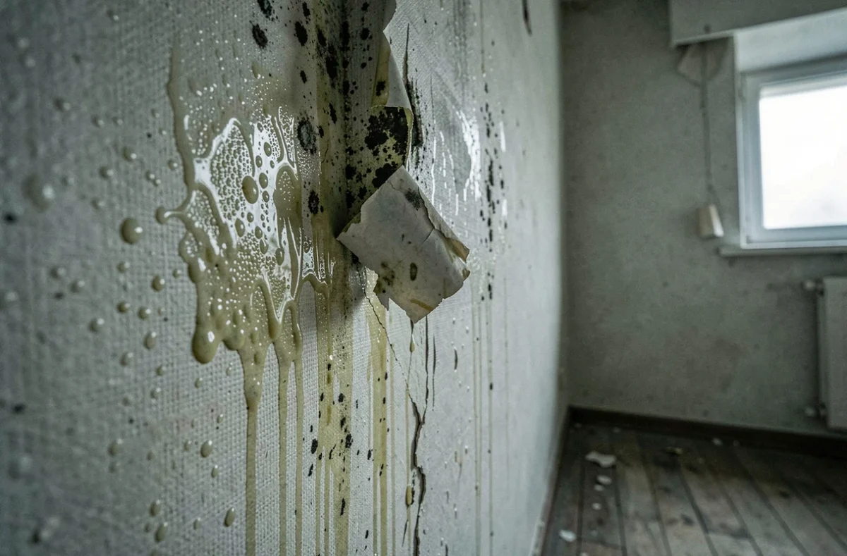 Moisissures et condensation sur un mur intérieur avec peinture décollée et traces d'humidité dans un appartement ancien